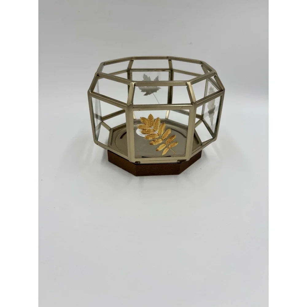 Bath & Body Works Gold Leaves Wood Base 3 Wick Candle Holder Sleeve